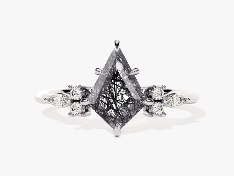 Unique kite-cut rutilated quartz ring with diamonds