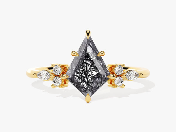 Gold ring with kite-cut rutilated quartz and diamonds