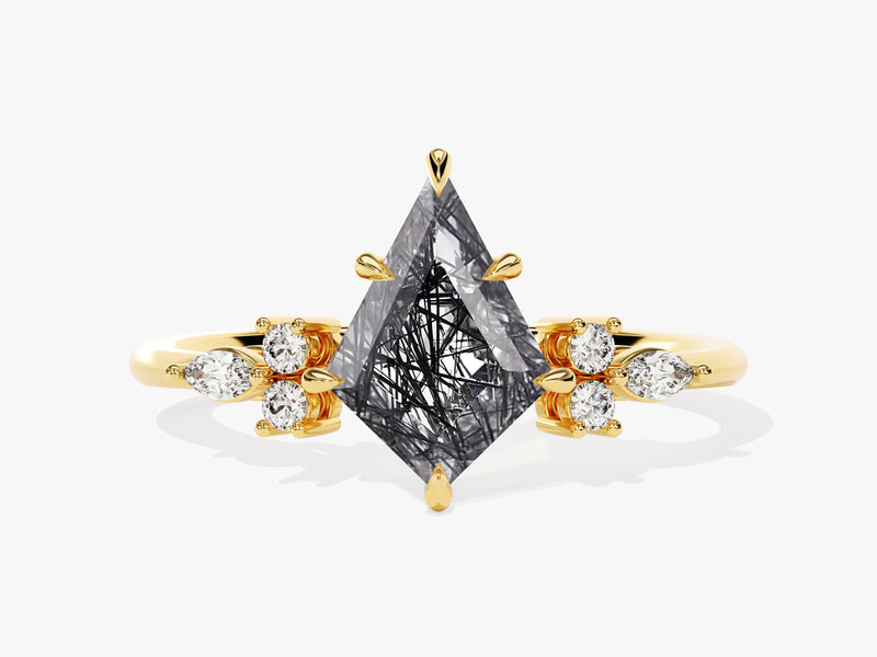 Gold ring with kite-cut rutilated quartz and diamonds