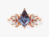 Rose gold ring with marquise diamonds and a kite-cut alexandrite gemstone