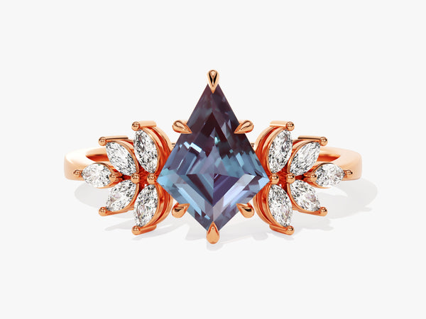 Rose gold ring with marquise diamonds and a kite-cut alexandrite gemstone