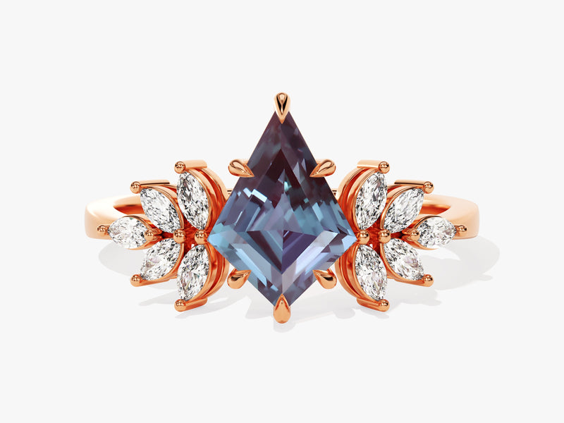 Rose gold ring with marquise diamonds and a kite-cut alexandrite gemstone