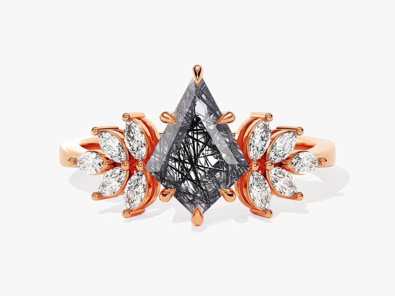 Rose gold ring with marquise diamonds and unique rutilated quartz center