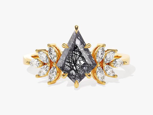Gold ring with black rutile quartz and marquise diamonds