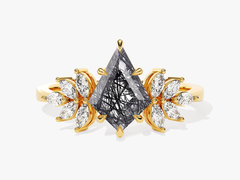 Gold ring with black rutile quartz and marquise diamonds