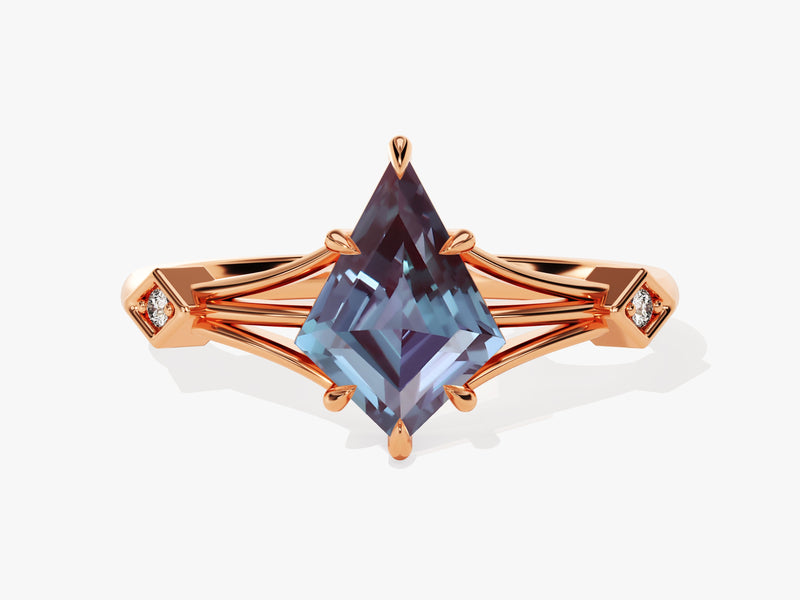 Rose gold ring with kite-cut alexandrite and diamond accents