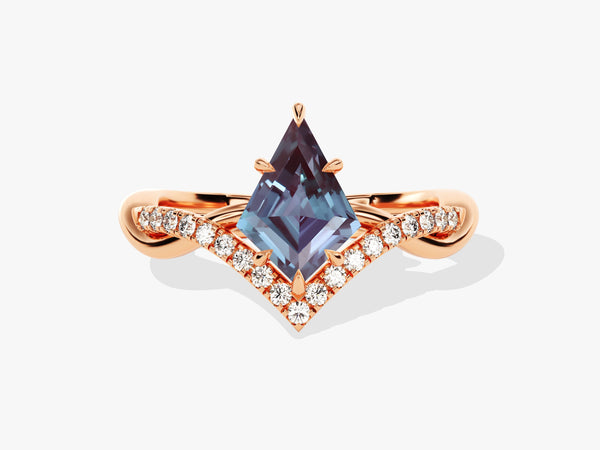 Rose gold ring with kite-cut alexandrite and diamond accents