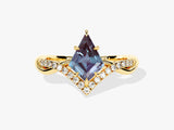 Gold ring with kite-cut alexandrite and diamond accents