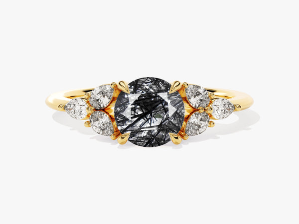 Gold ring with black rutilated quartz and diamonds
