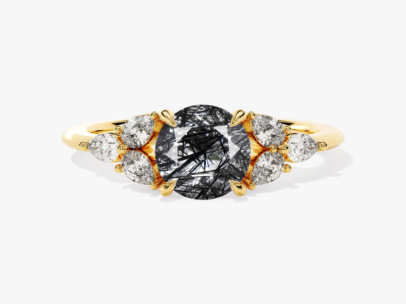 Gold ring with black rutilated quartz and diamonds
