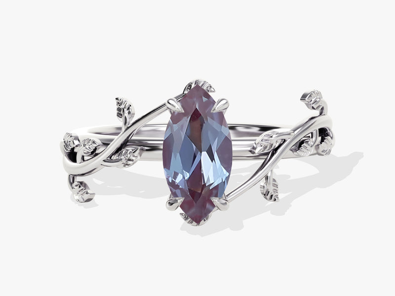 Marquise alexandrite ring with leaf design, fine jewelry