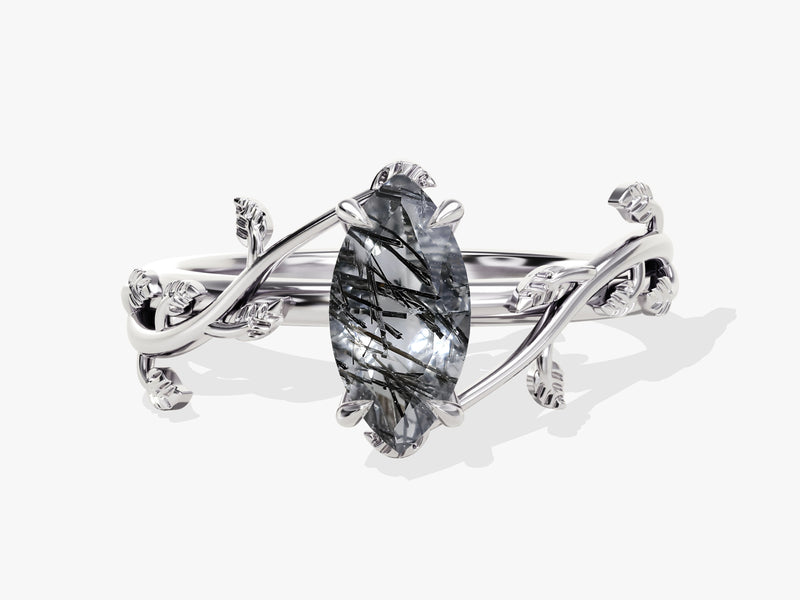 Marquise rutilated quartz ring with silver leaf band