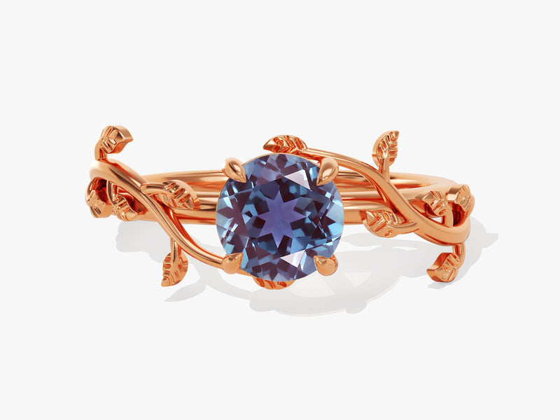 Rose gold ring with alexandrite gemstone and leaf design
