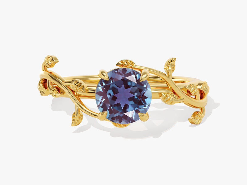Gold alexandrite ring with vine leaf design