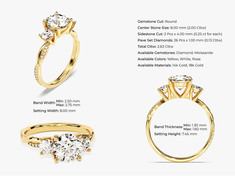 Gold diamond engagement ring with round center stone and pave band