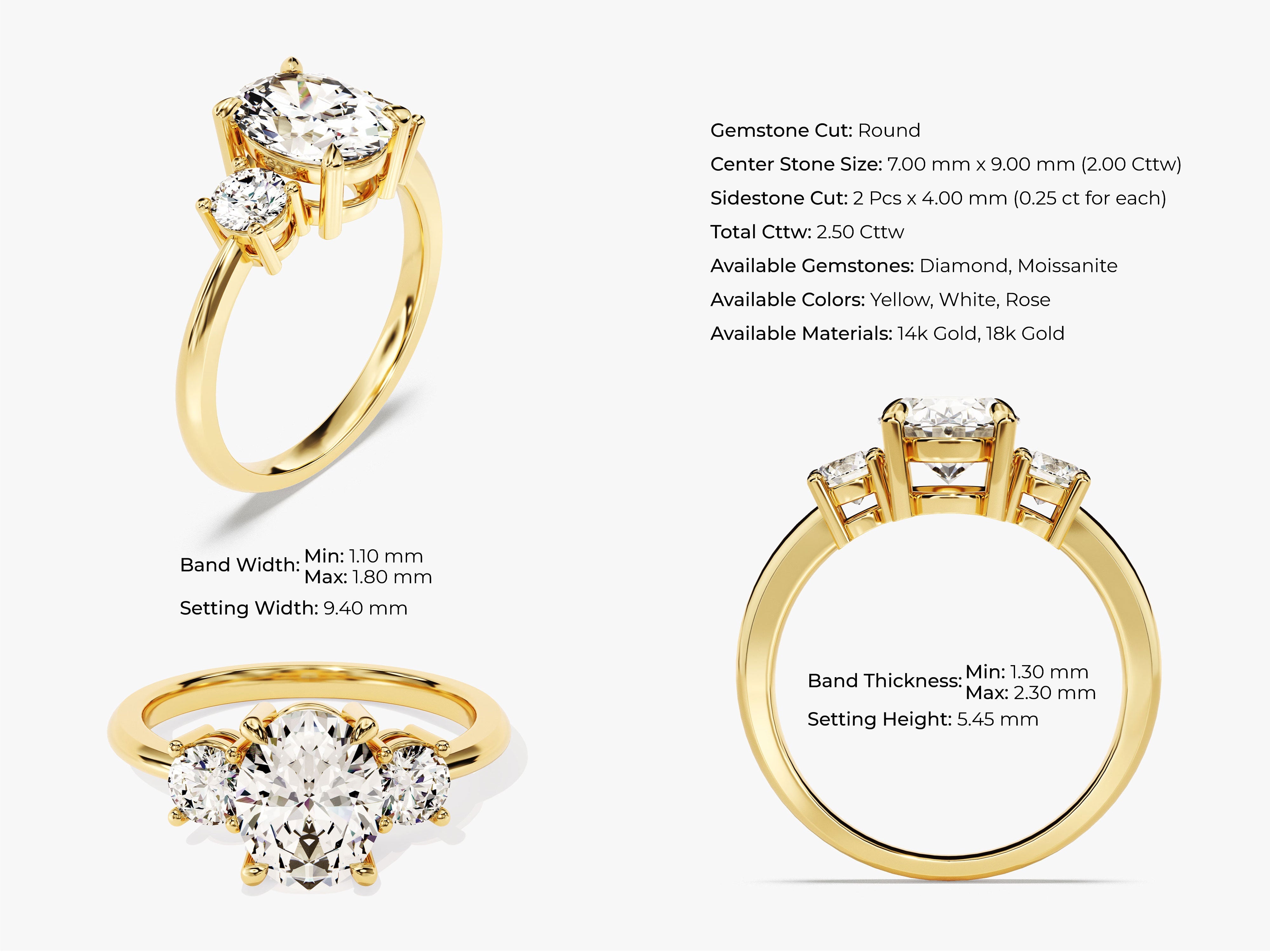 Gold three-stone diamond ring with round center gemstone