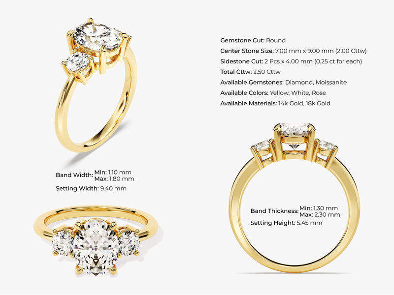 Gold three-stone diamond ring with round center gemstone