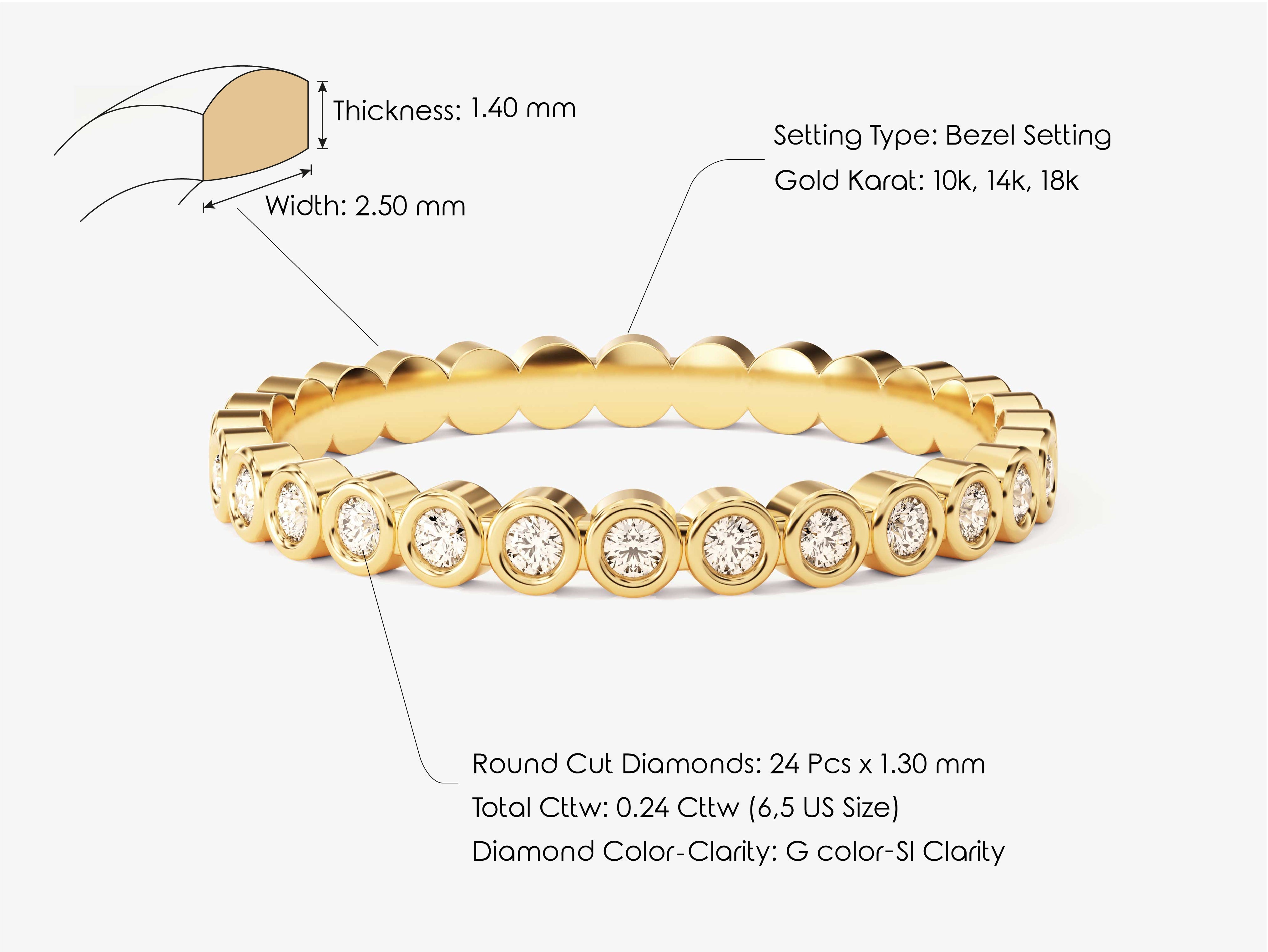Gold diamond ring with bezel setting and detailed specifications