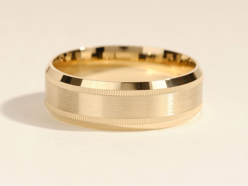 Gold brushed band ring with textured edges, jewelry