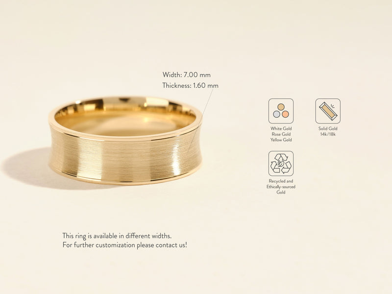 Brushed gold wedding band, available in white, rose, yellow gold