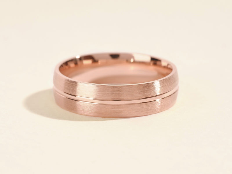 Rose gold brushed band ring with grooved detail, jewelry