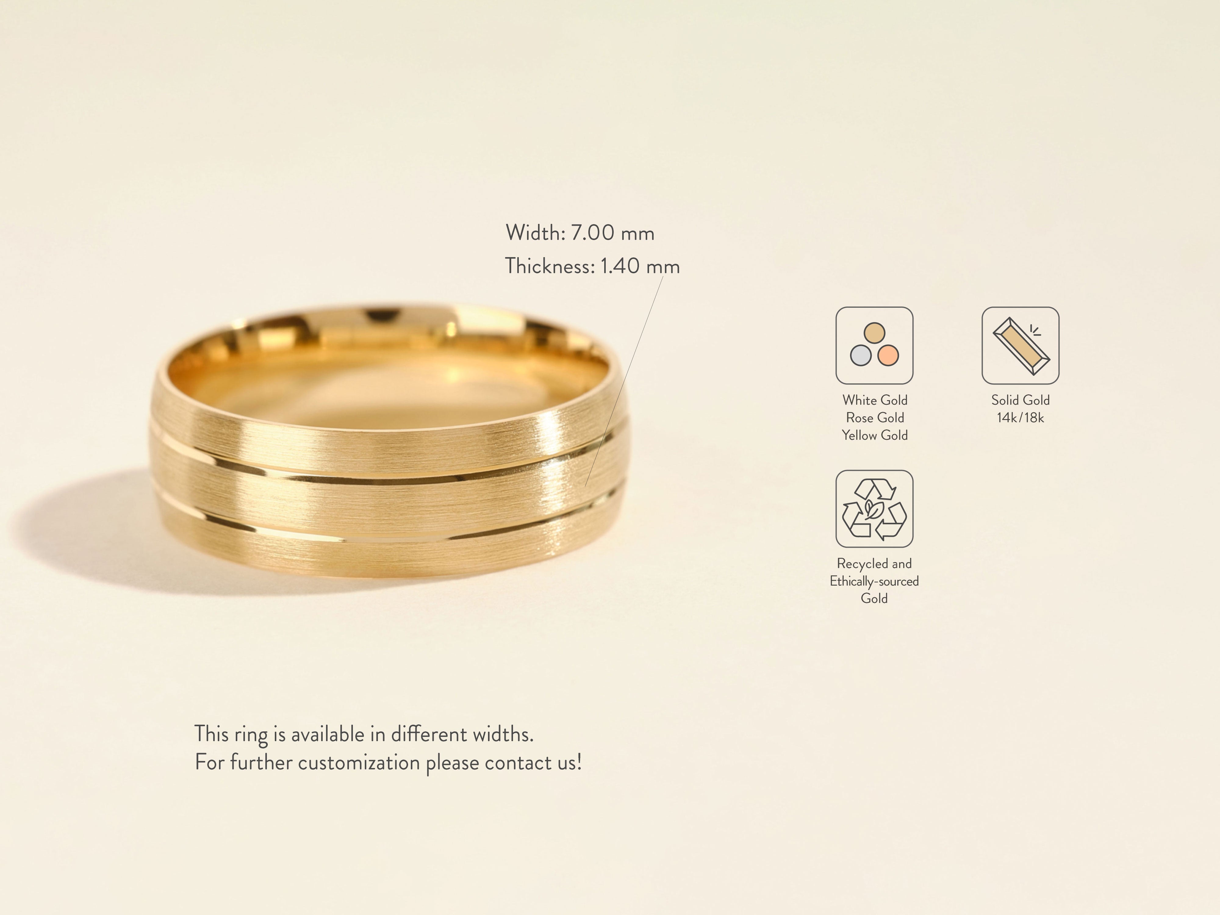 Solid gold brushed wedding band, available in white, rose, yellow gold