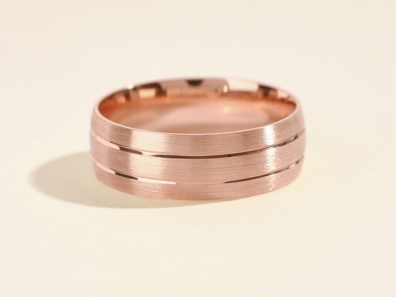 Rose gold brushed band ring with etched lines, fine jewelry