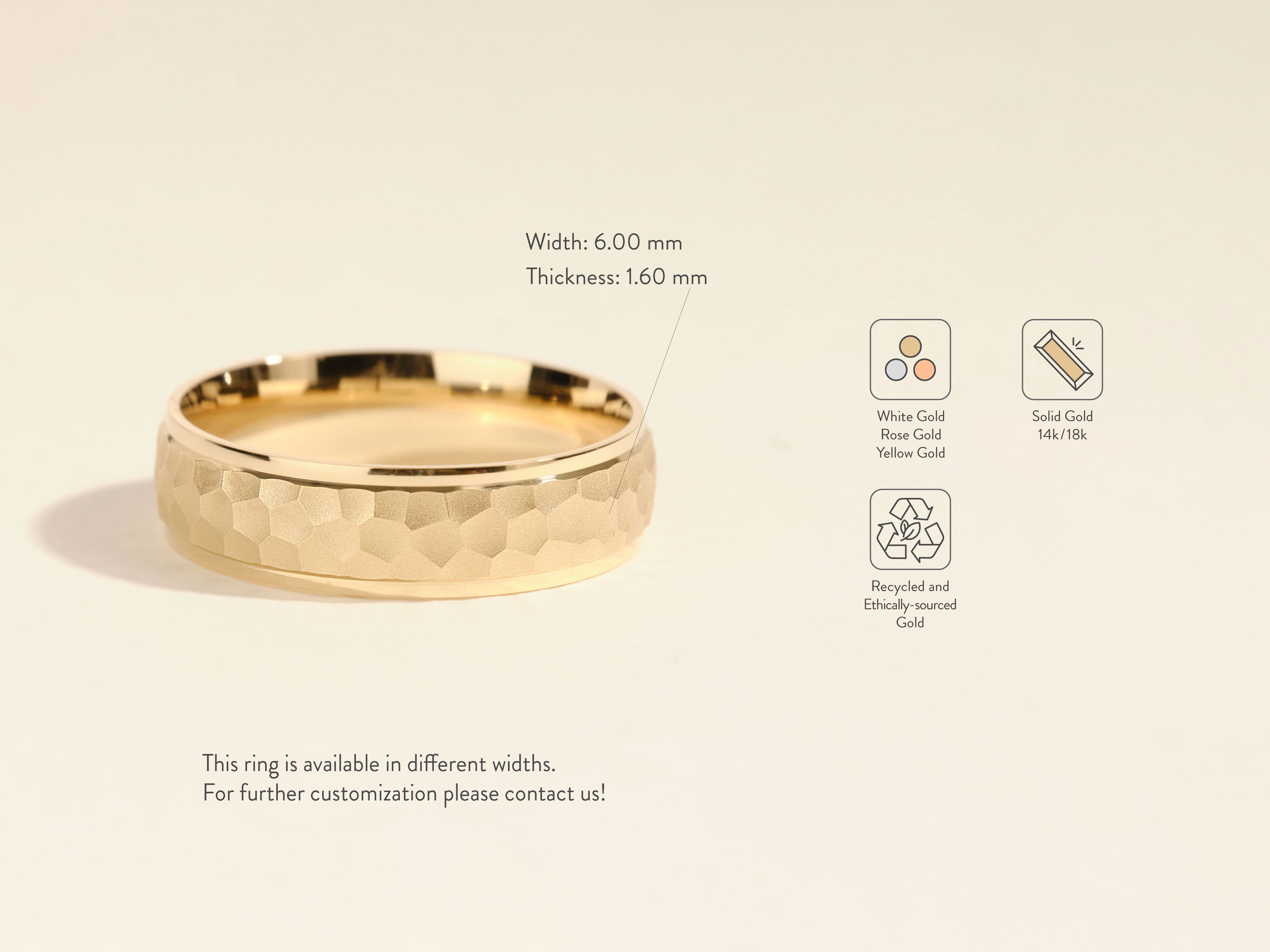 Hammered gold wedding band, available in white, rose, yellow gold