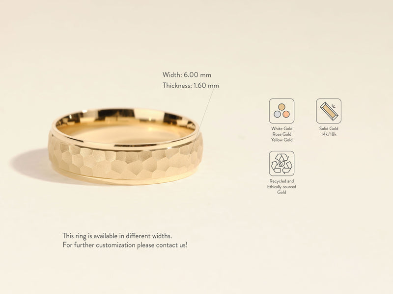 Hammered gold wedding band, available in white, rose, yellow gold