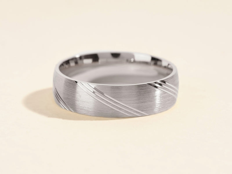 Brushed silver ring with diagonal etched lines, jewelry for men
