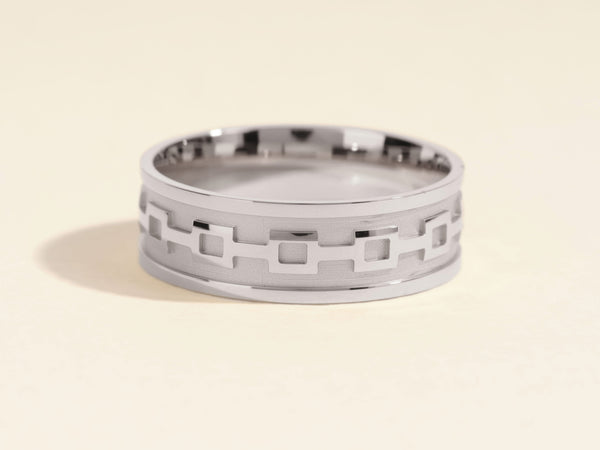 Silver ring with geometric pattern, jewelry, men's band, modern design