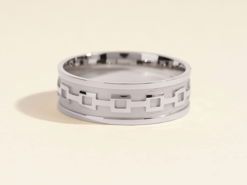 Silver ring with geometric pattern, jewelry, men's band, modern design