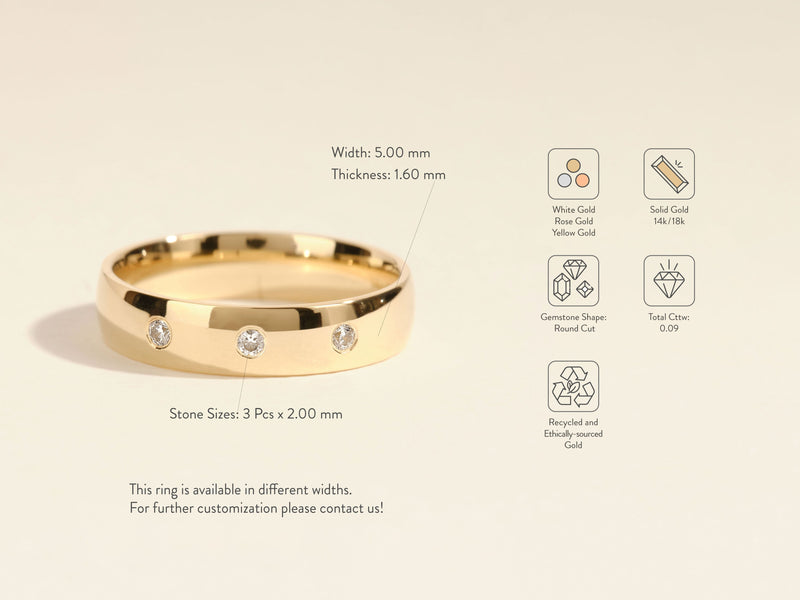 Gold wedding band with three round diamonds, 14k/18k solid gold