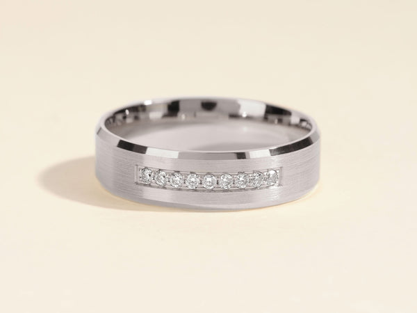 Diamond inlaid brushed silver band ring for jewelry