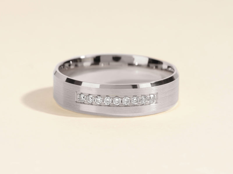 Diamond inlaid brushed silver band ring for jewelry