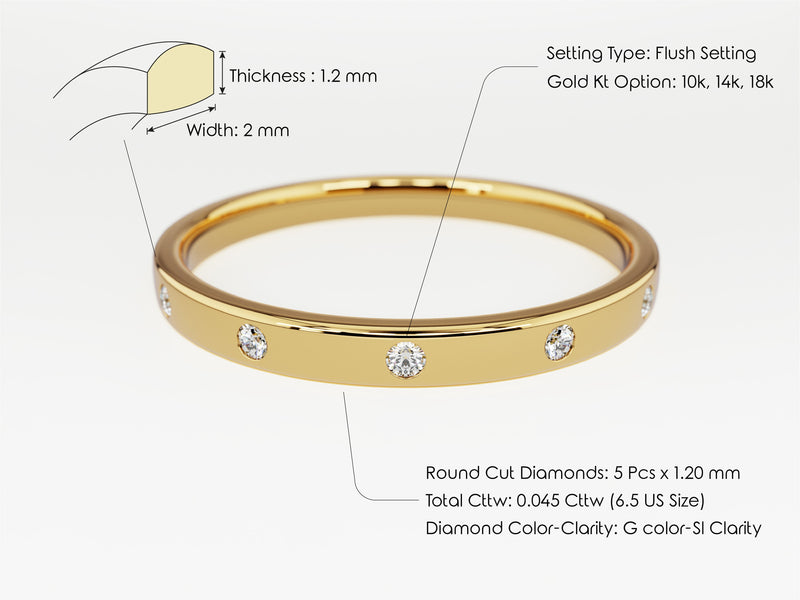 Gold flush setting diamond band ring, 10k-18k options