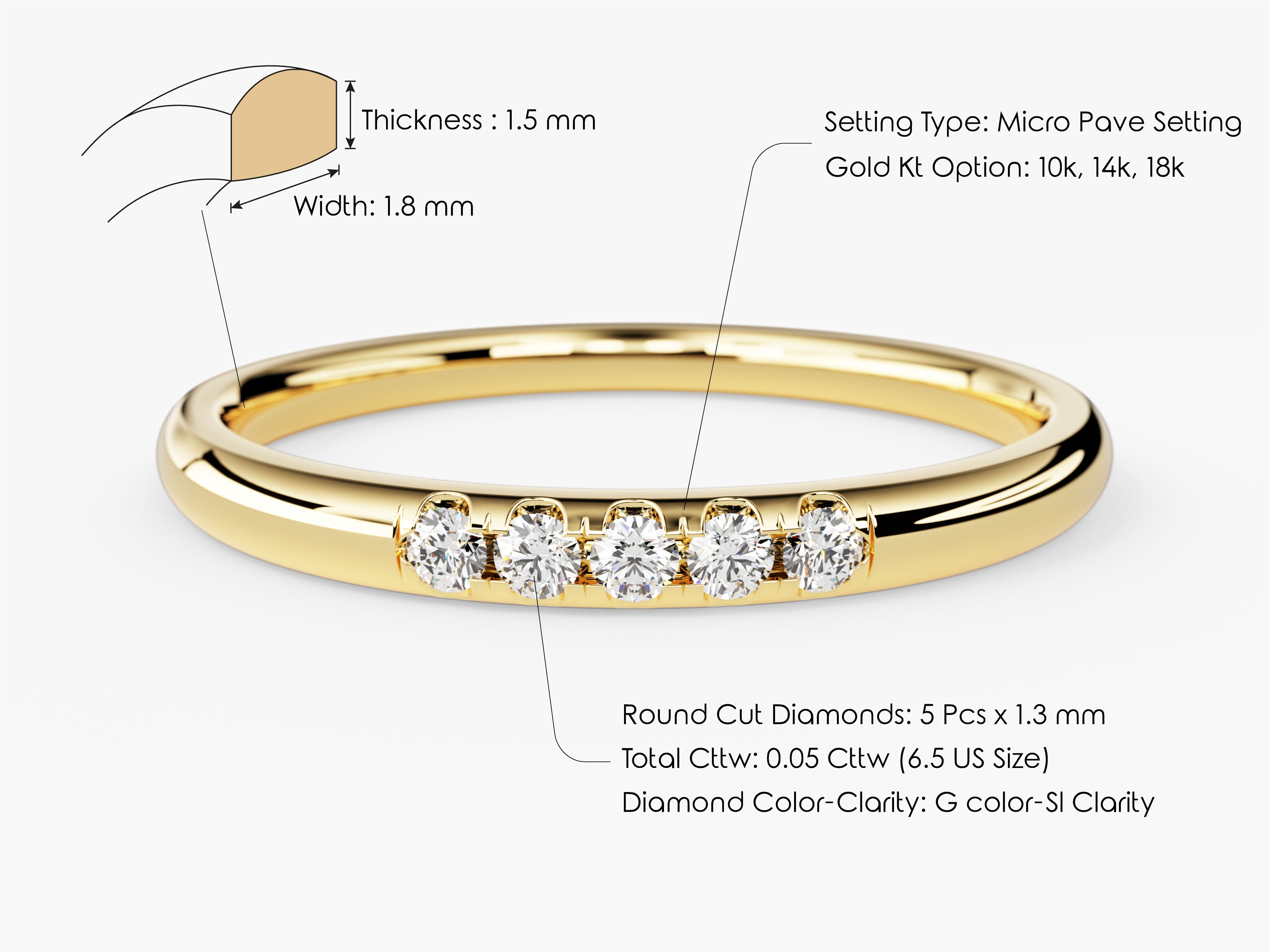 Gold ring with micro pave diamonds, 1.5mm thickness, 1.8mm width