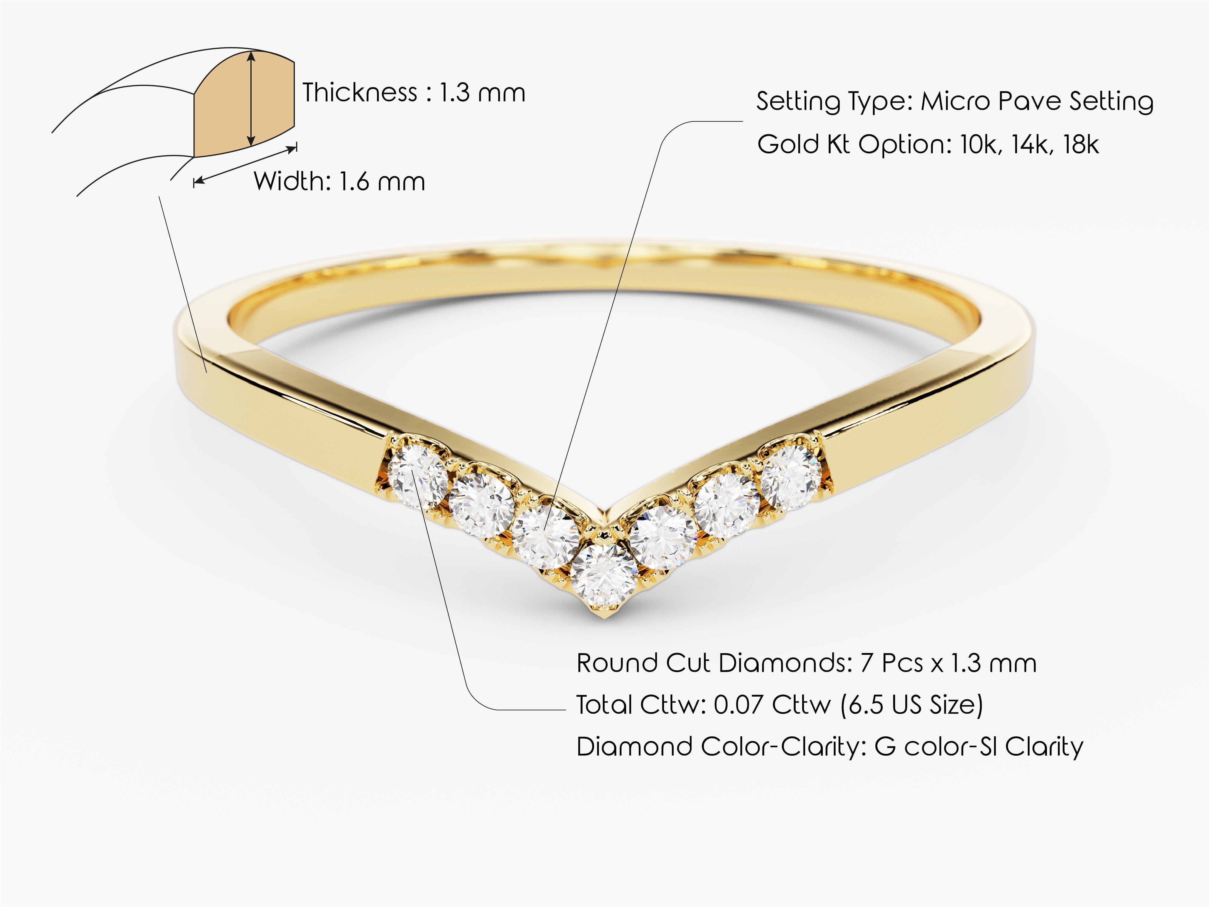 Gold V-ring with micro pave diamonds, 10k-18k options