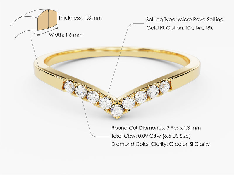 Gold chevron ring with micro pave diamonds, 10k-18k gold