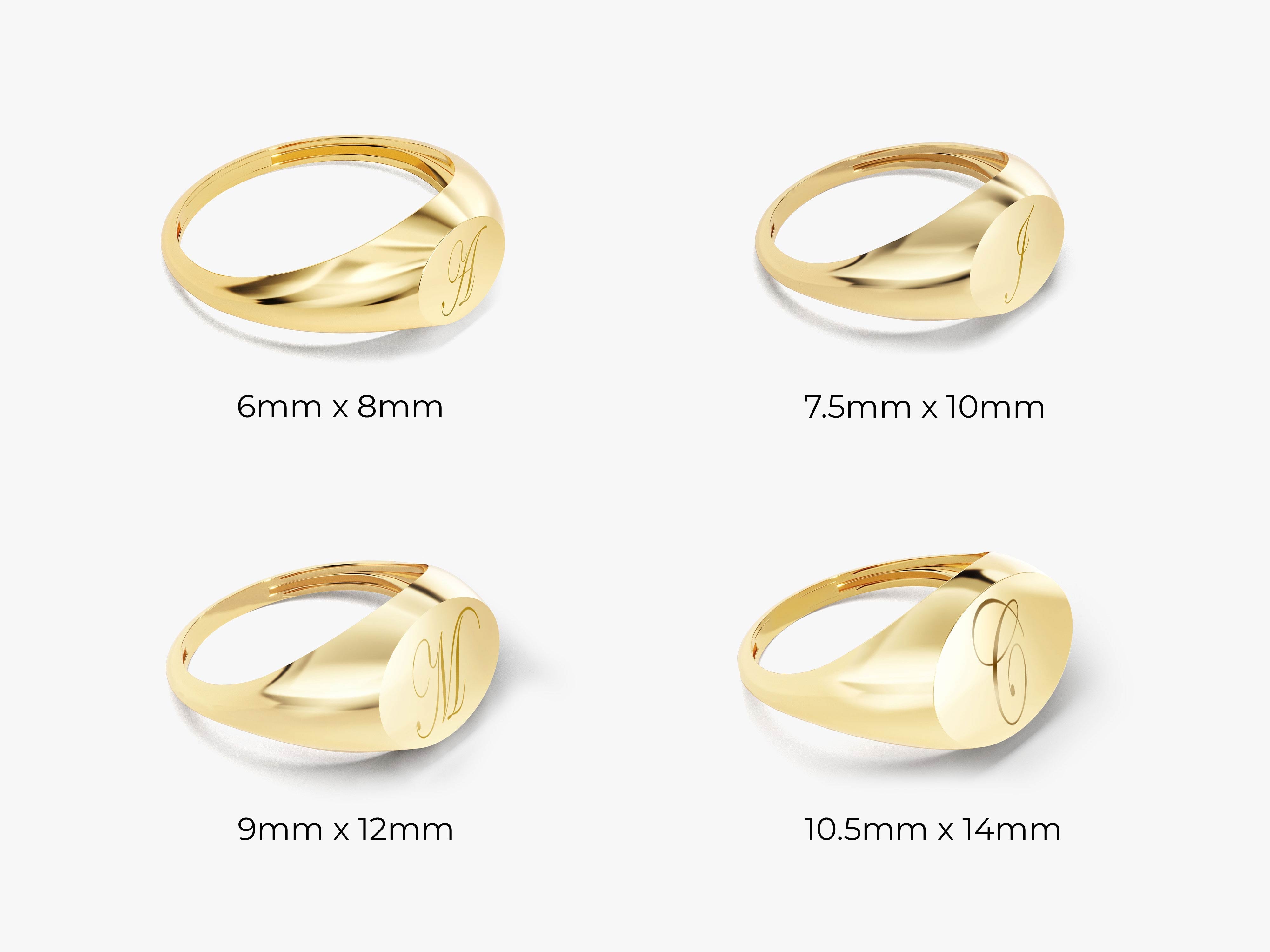 Gold signet rings with engraved initials and size options