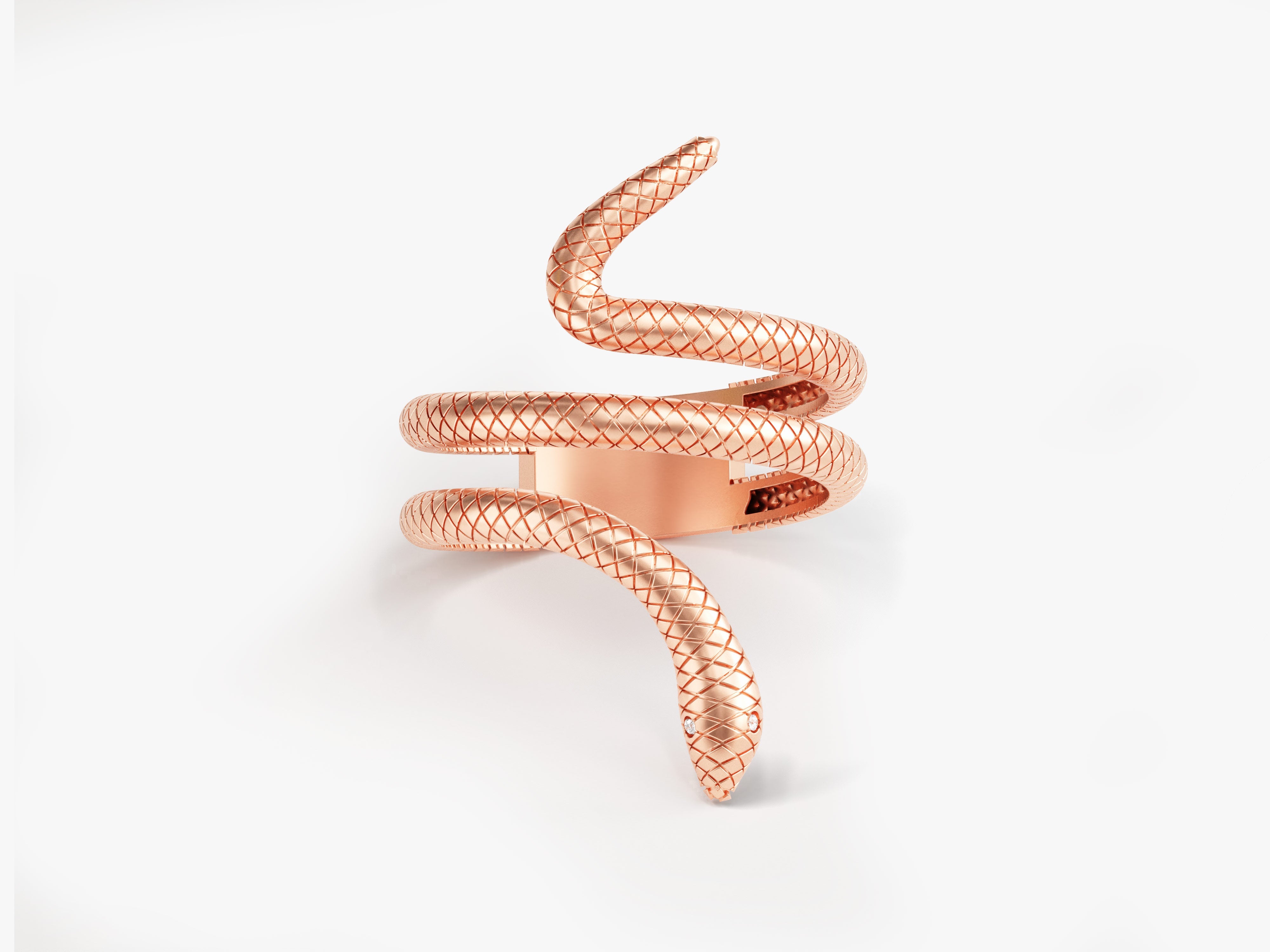 Rose gold snake ring with diamond eyes, luxury jewelry