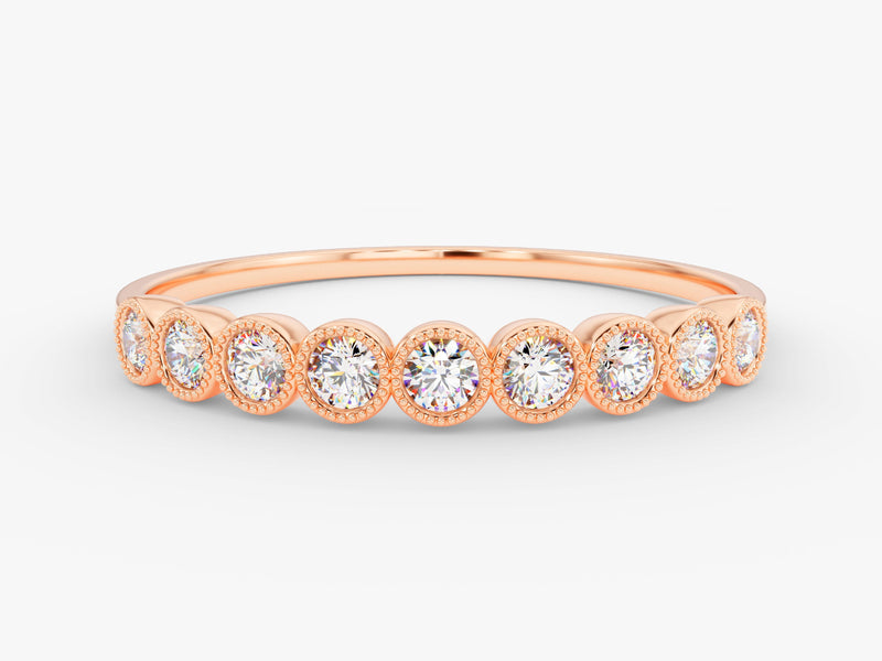Rose gold diamond band ring with beaded bezel setting