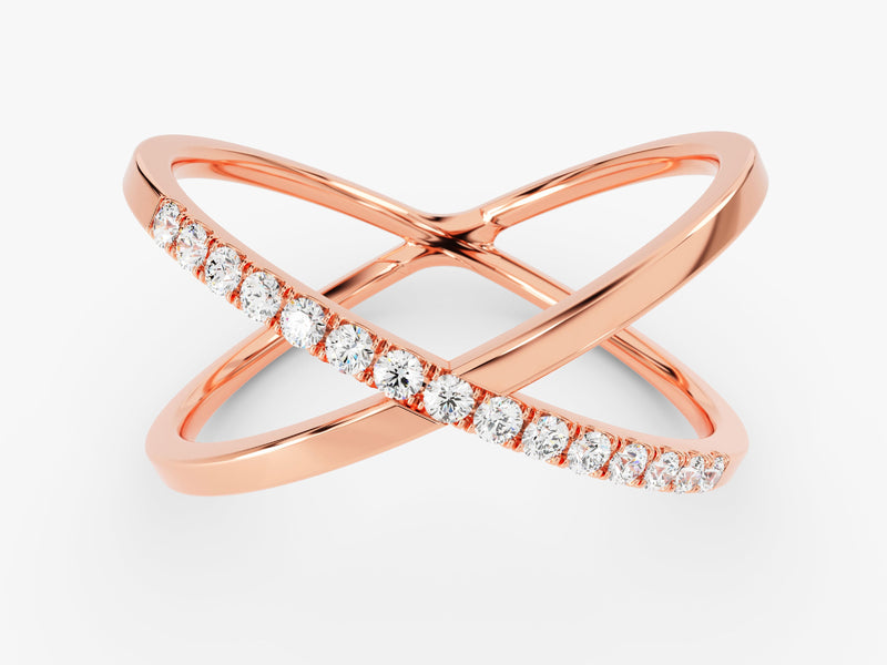 Rose gold criss-cross ring with diamonds, fine jewelry