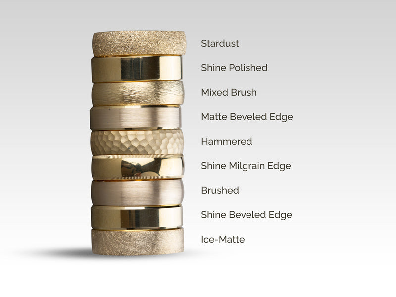 Stack of gold wedding bands with various finishes and textures
