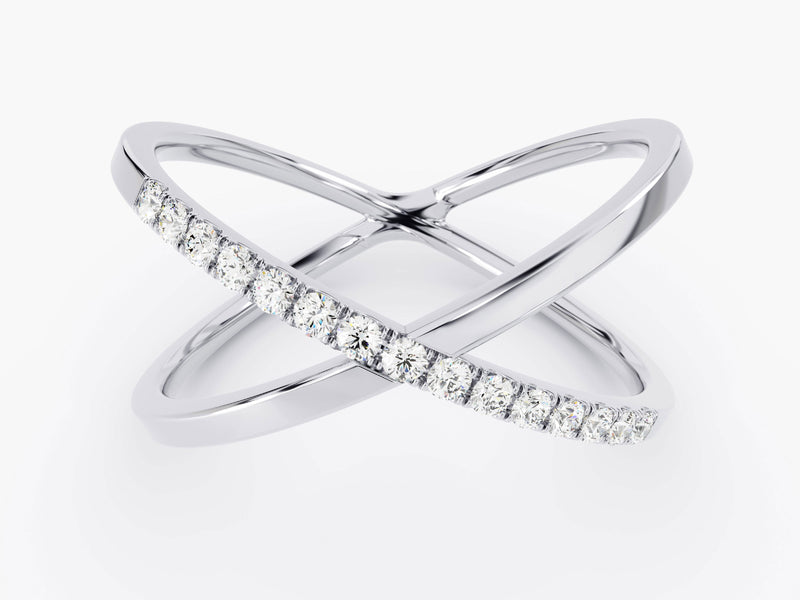 Diamond criss-cross ring, elegant white gold jewelry
