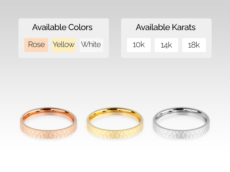 Hammered gold wedding bands available in rose, yellow, white, 10k, 14k, 18k