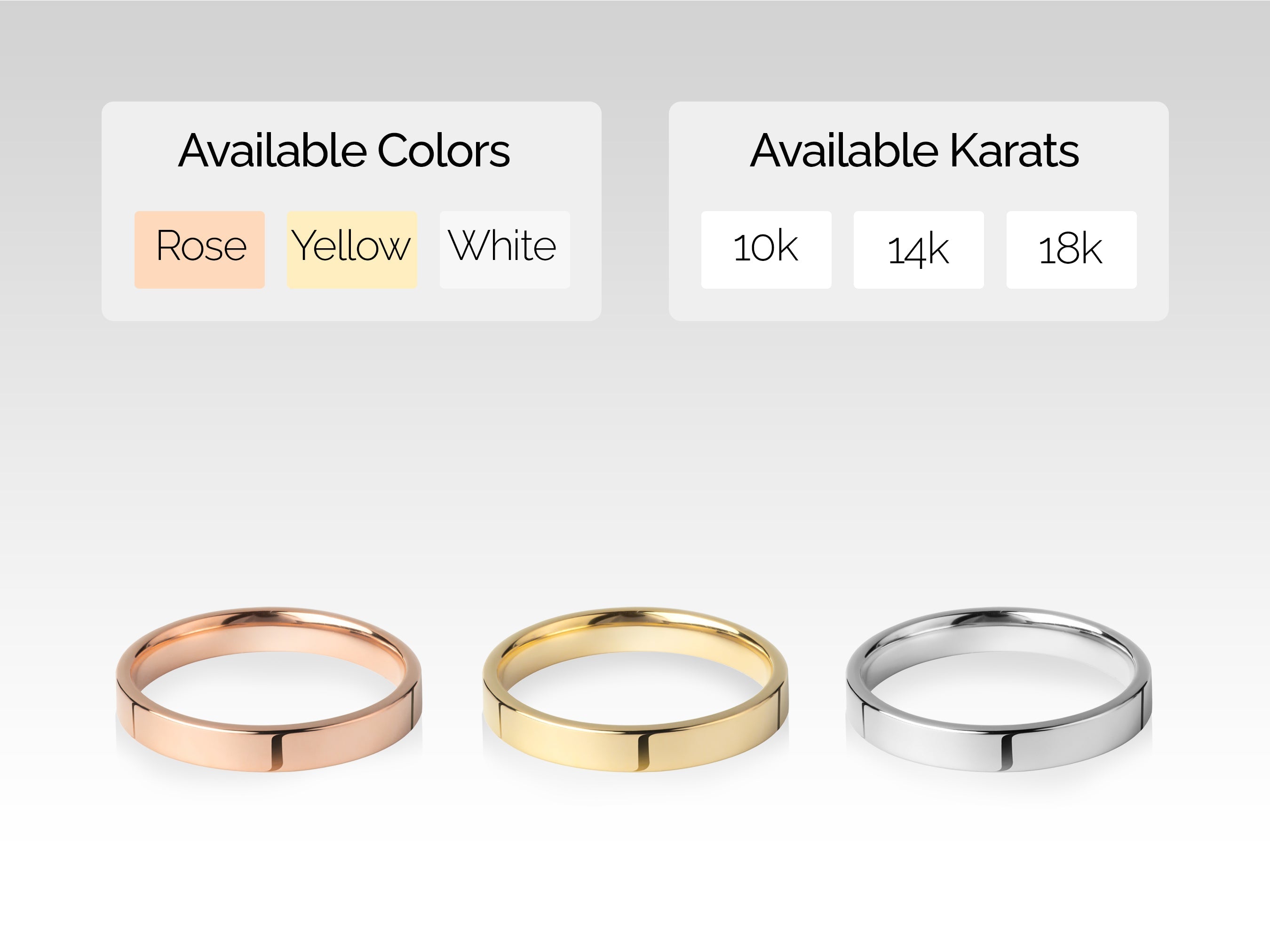 Jewelry rings available in rose, yellow, white gold, and 10k, 14k, 18k