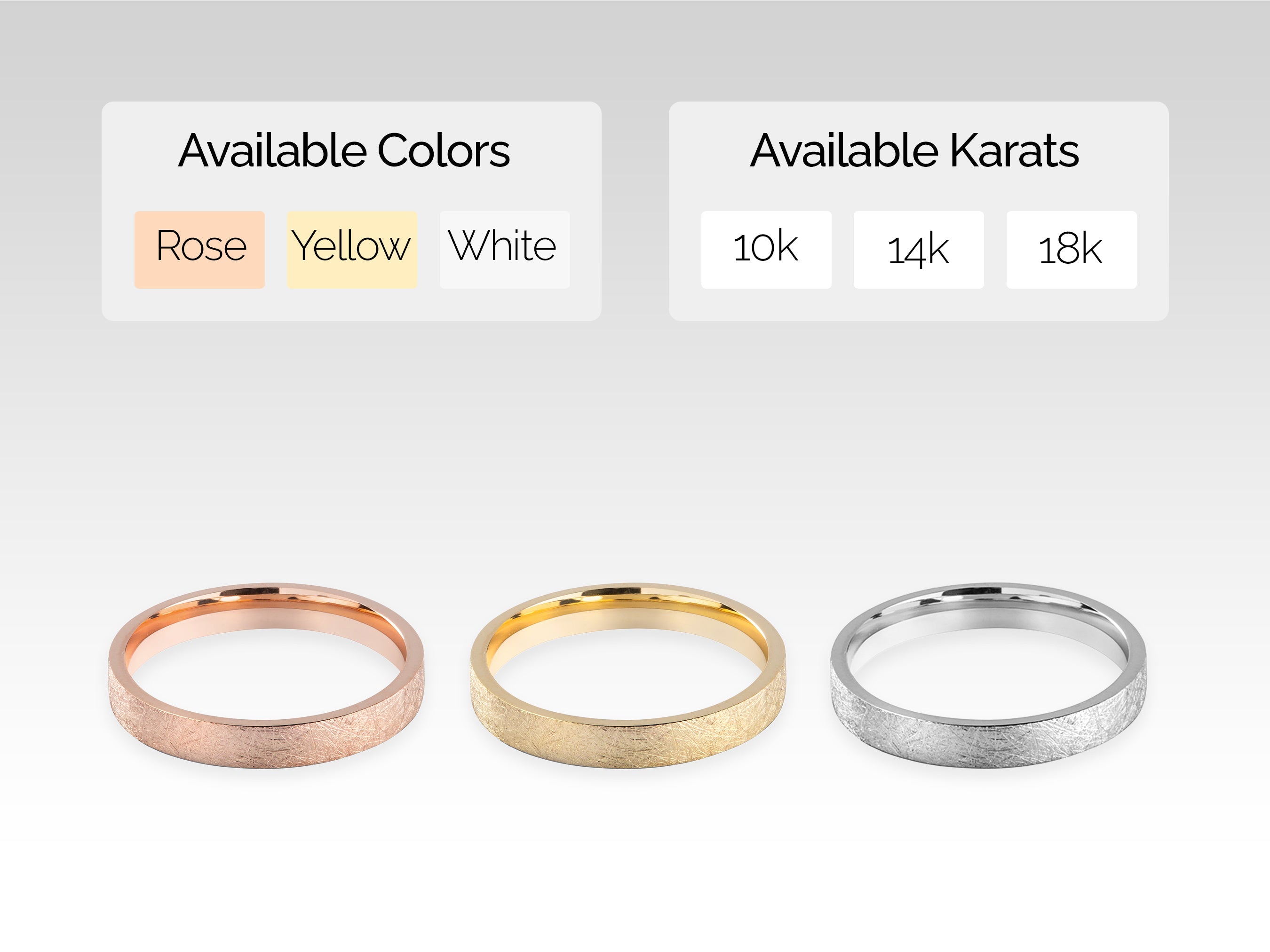 Jewelry rings available in rose, yellow, white gold, 10k, 14k, 18k