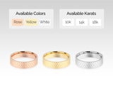 Hammered texture wedding bands in rose, yellow, and white gold