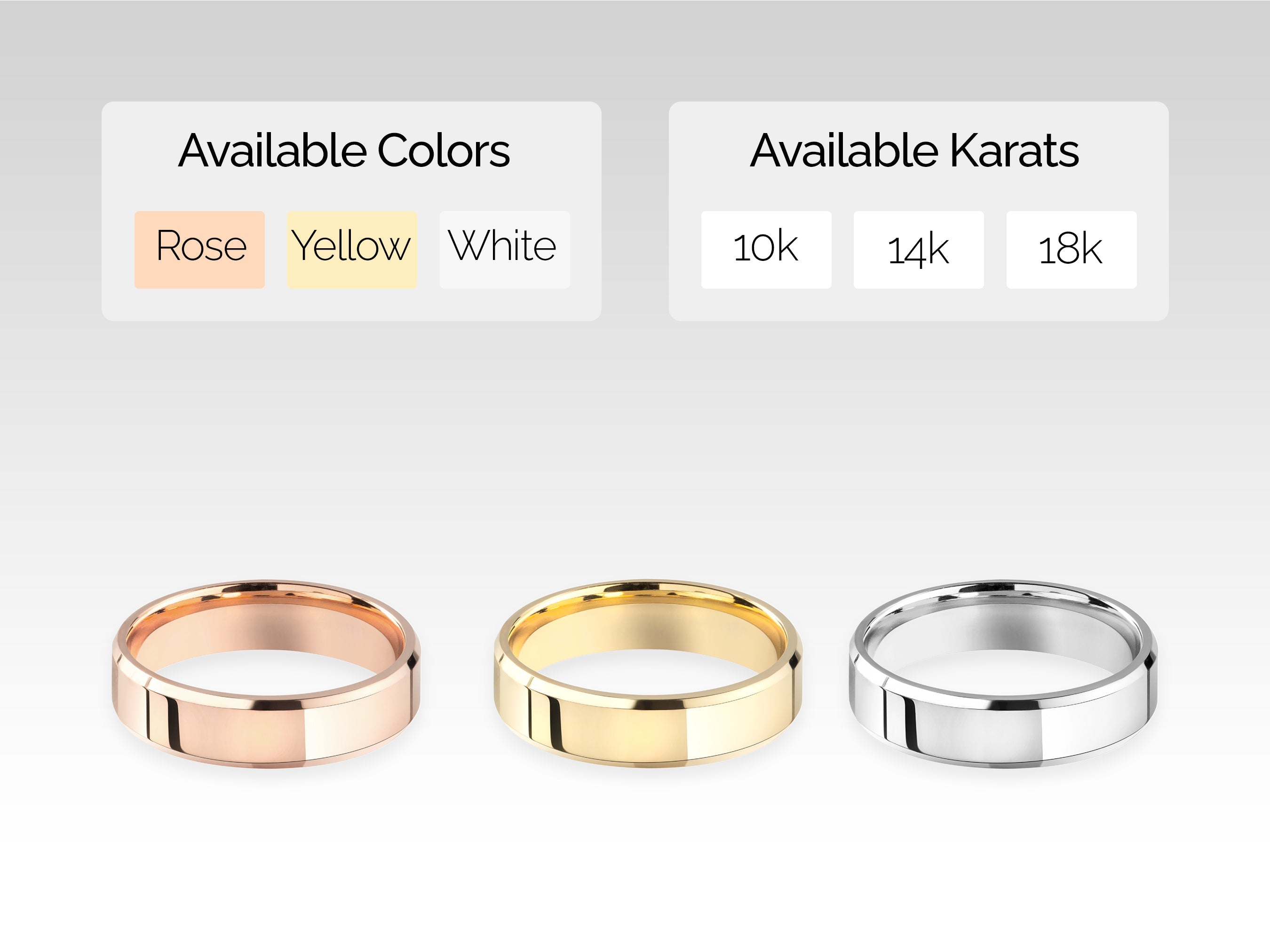 Jewelry rings available in rose, yellow, white gold, 10k, 14k, 18k